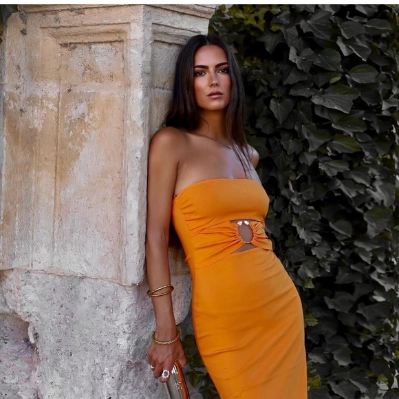 ZARA | NWT ORANGE CUT OUT STRAPLESS METAL RING DRESS STRETCHY SEXY BODY CON - Picture 5 of 15